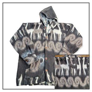 100% Wool Llama Alpaca Print Wood Button Hooded Sweater Jacket.